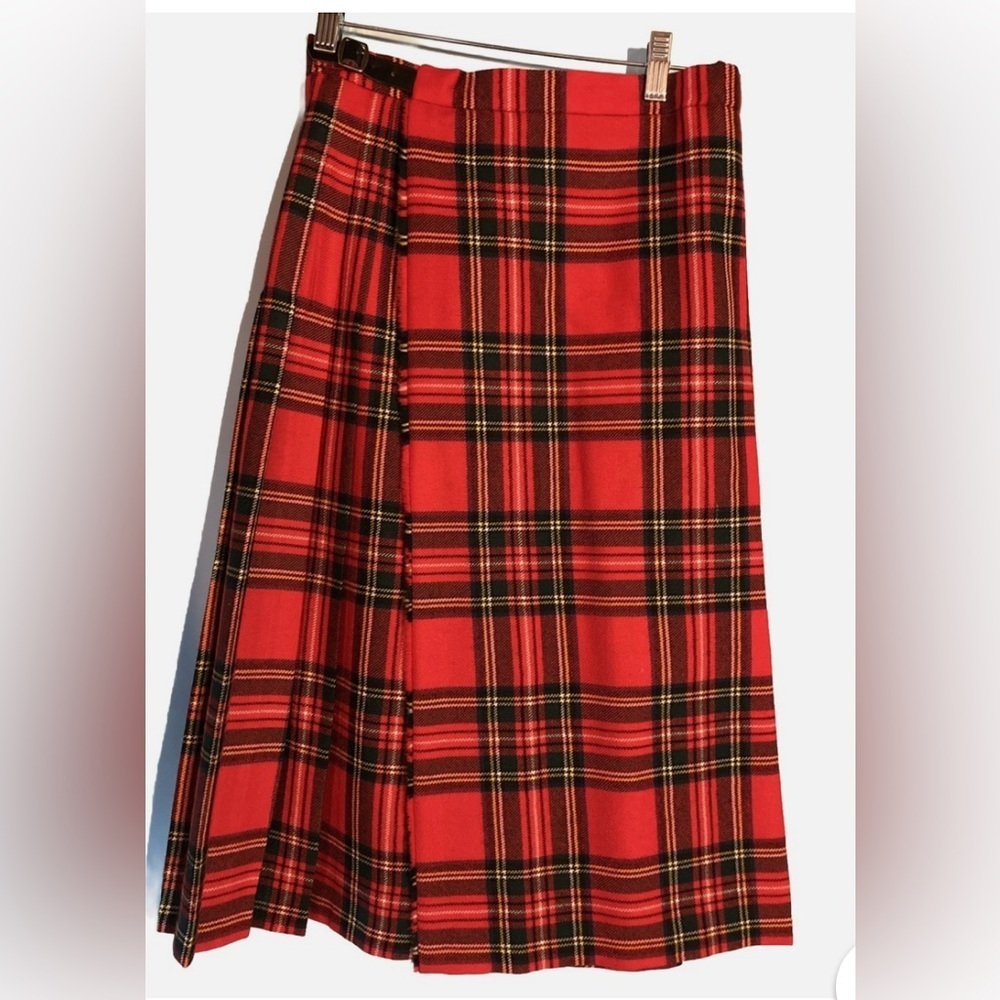 Moffat Woollens 100% Wool Red Tartan Pleated A-Line Skirt, Made In Scotland